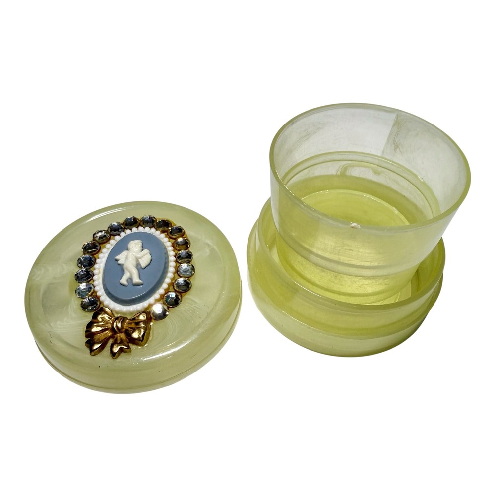 Vintage 1930s Celluloid Vanity Box Yellow Cameo Rhinestone Cherub Cupid Trinket